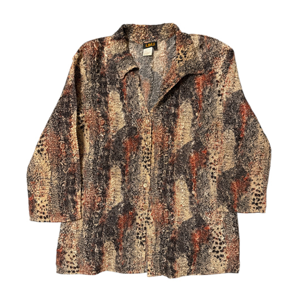 Ubu Crinkle Texture Button Up Shirt Size Large Abstract Print Vintage Y2K